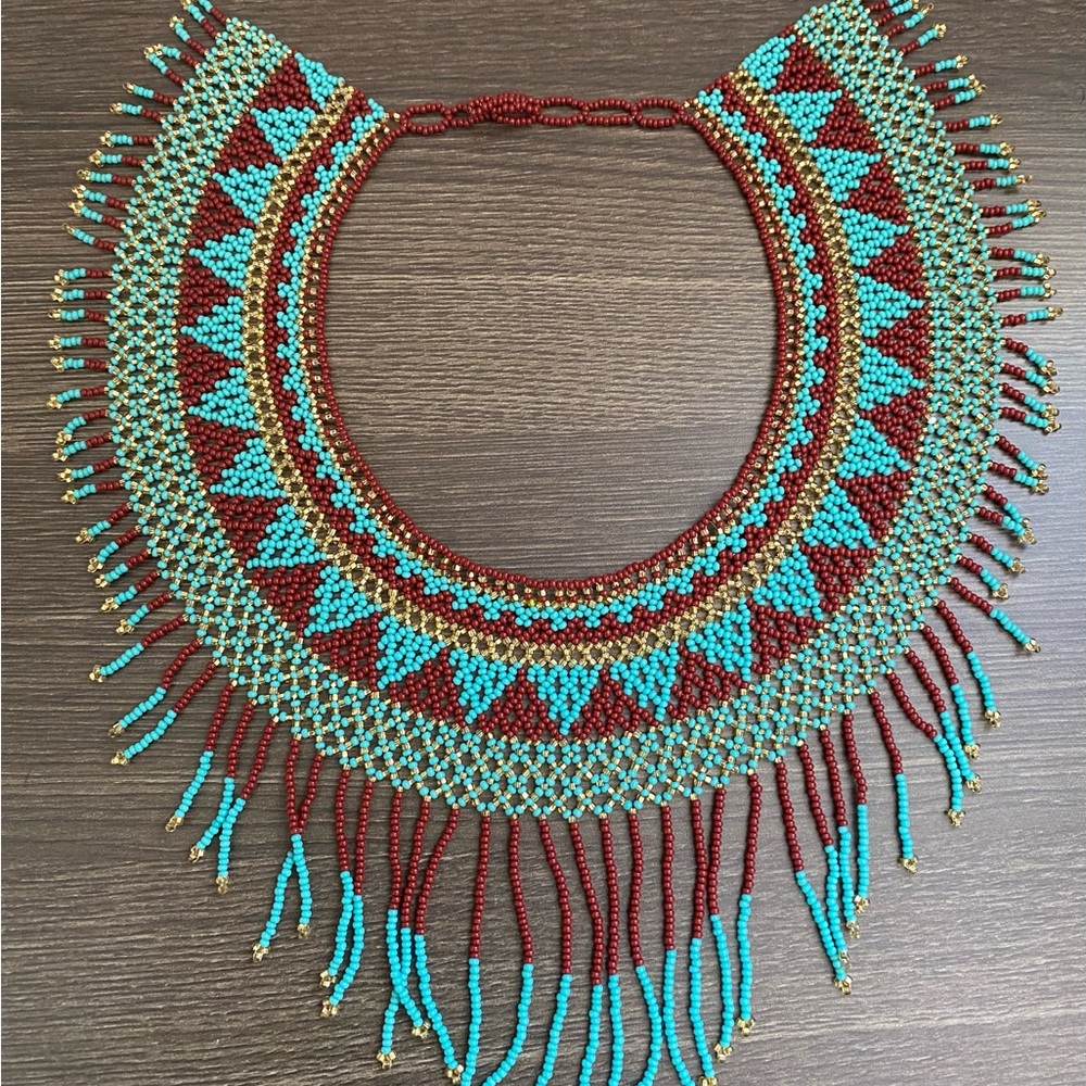 Handcrafted Turquoise and Burgundy Beaded Fringe Necklace - Women Jewelry